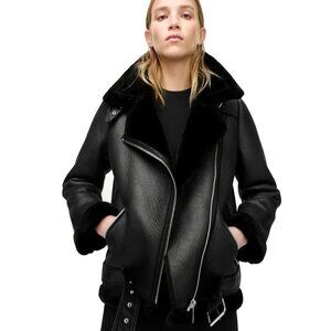 ZARA - Aviator Moto Jacket | Faux Leather Shearling | Black - L